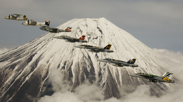 Fighterjets snowmountain ukiyo e puzzle free wallpaper - medium preview image