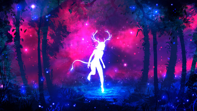 Deer forest stars trees painting free wallpaper - medium preview image