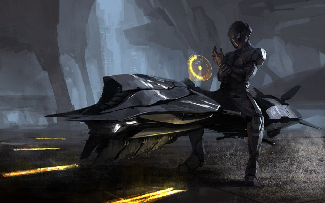 Futuristic man vehicle dark environment free wallpaper - medium preview image