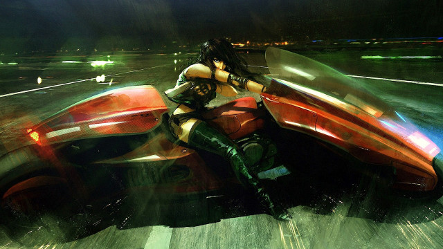 Woman riding red motorcycle futuristic free wallpaper - medium preview image