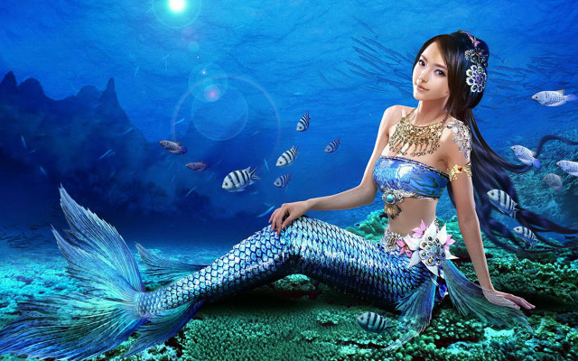 Beautiful mermaid ocean floor fish free wallpaper - medium preview image