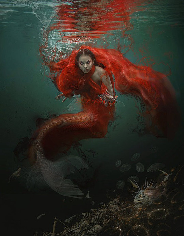 Woman red dress swimming underwater free wallpaper - medium preview image