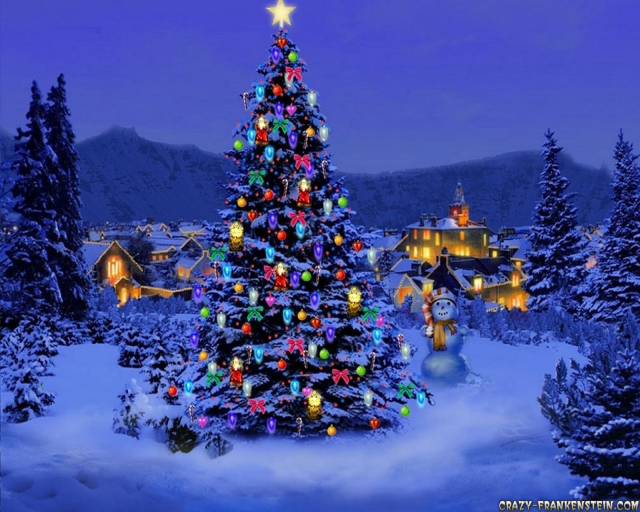 Christmas tree lights snow town free wallpaper - medium preview image