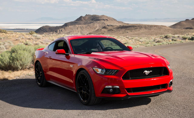 Red mustang desert road mountains free wallpaper - medium preview image
