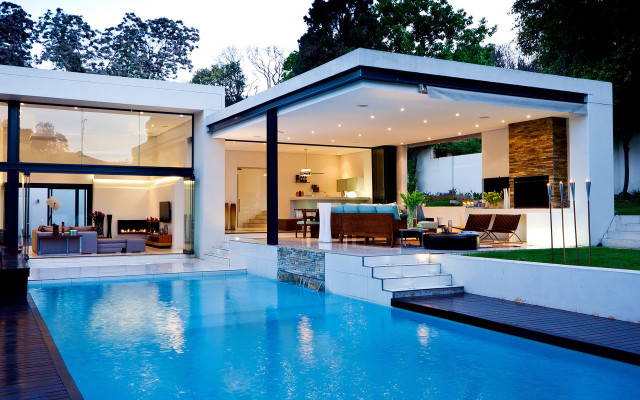 Pool patio livingroom dusk dawn free wallpaper - medium preview image