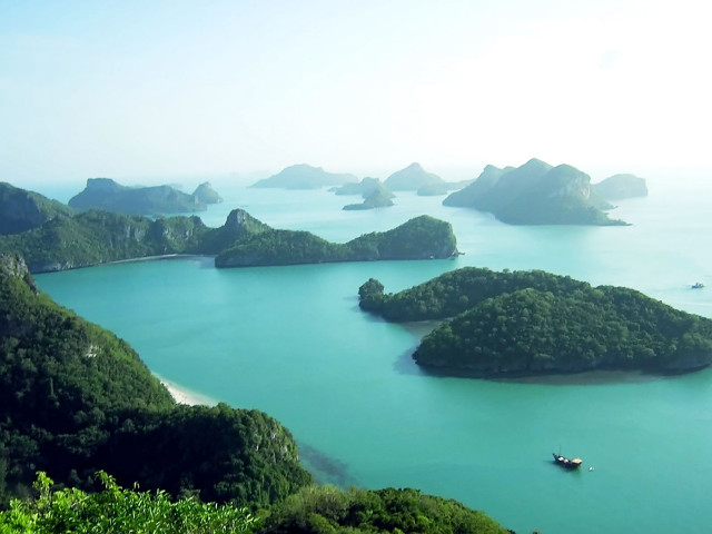 Island boat forest waterfall sky free wallpaper - medium preview image