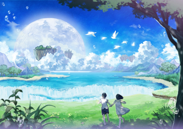 Couple lake clouds birds background free wallpaper - medium preview image