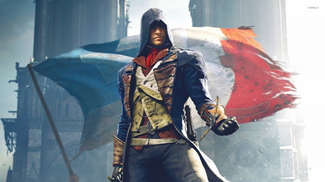 Man hooded jacket sword flag free wallpaper - medium preview image
