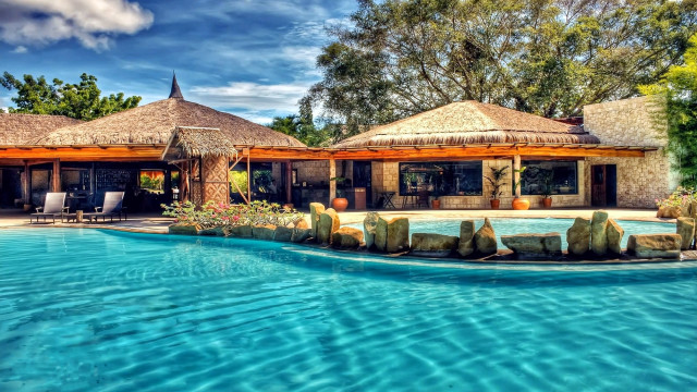 Large pool thatched roof stone free wallpaper - medium preview image