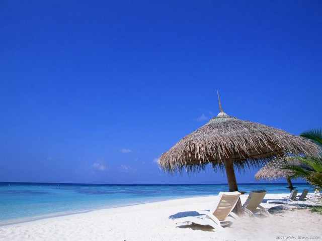 Beach thatched umbrella chairs blue free wallpaper - medium preview image