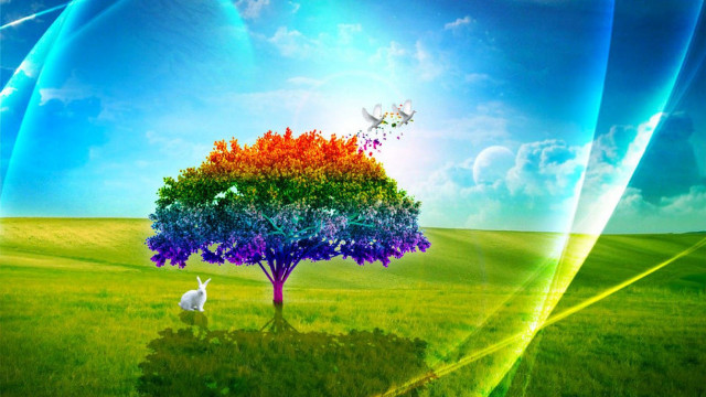 Rainbow tree field white rabbit free wallpaper - medium preview image