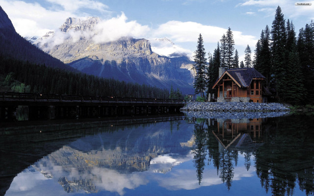 House lake mountains bridge reflection free wallpaper - medium preview image