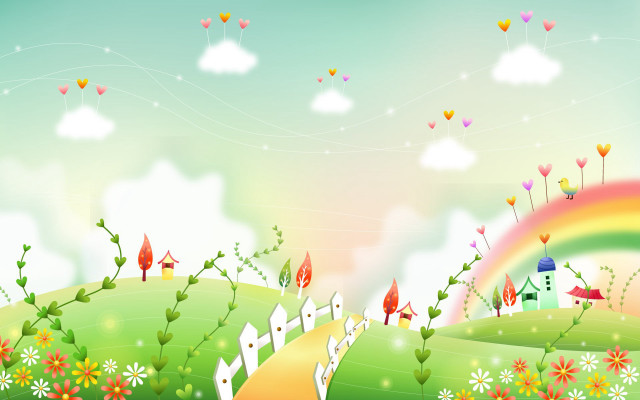 Colorful landscape house hill flowers free wallpaper - medium preview image