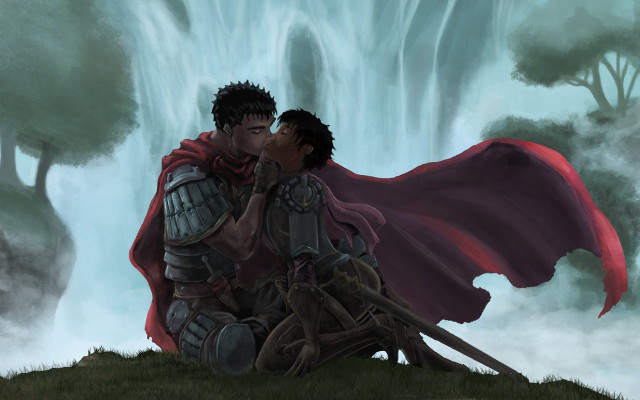 Couple hill waterfall red cape free wallpaper - medium preview image