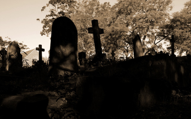 Cemetery cross wall trees house free wallpaper - medium preview image