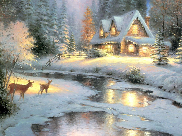 Cabin woods deer stream night free wallpaper - medium preview image
