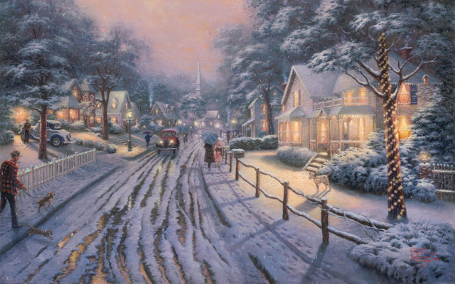 Snowy street person walking dog free wallpaper - medium preview image