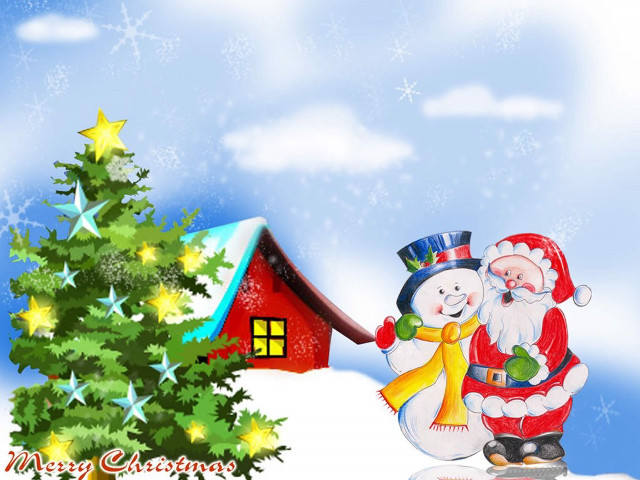 Santa snowman christmas tree house free wallpaper - medium preview image