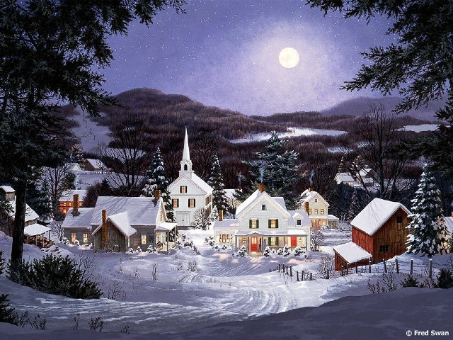 Snowy village full moon snowy free wallpaper - medium preview image