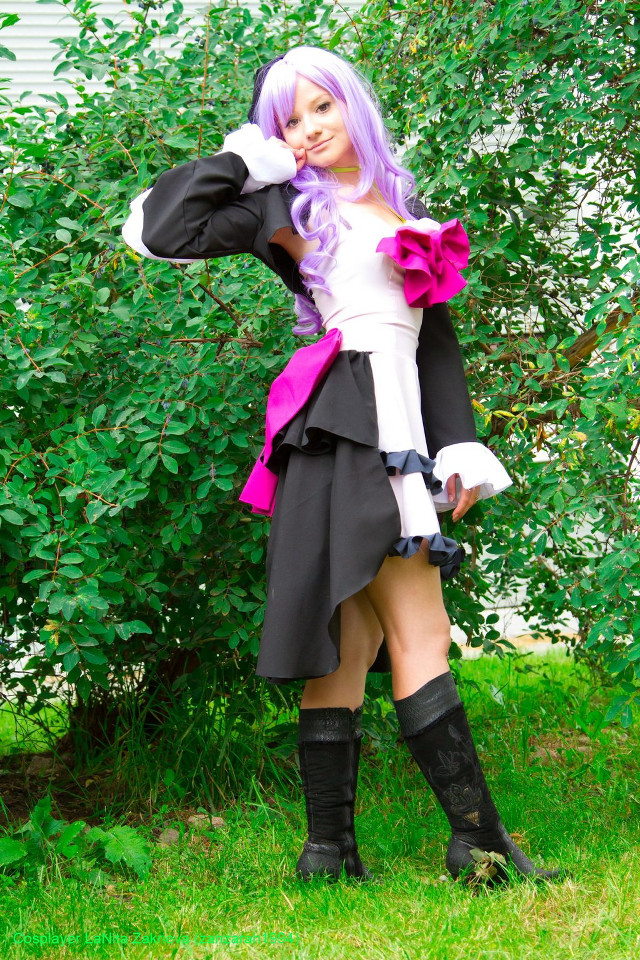 Purple haired cosplay garden portrait free wallpaper - medium preview image