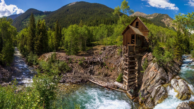 Wooden structure cliff river waterfall free wallpaper - medium preview image