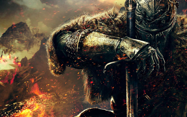 Man armor sword fire mountain free wallpaper - medium preview image
