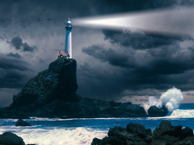 Lighthouse rock light beam ocean free wallpaper - medium preview image