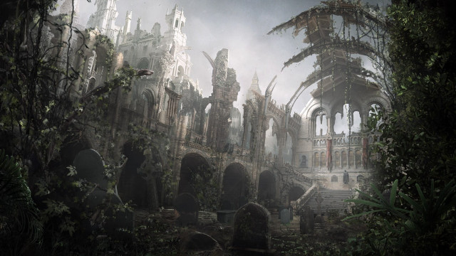 Ruined building forest bird flying free wallpaper - medium preview image