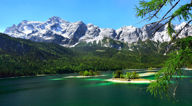 Lake mountains trees greenwater island free wallpaper - medium preview image