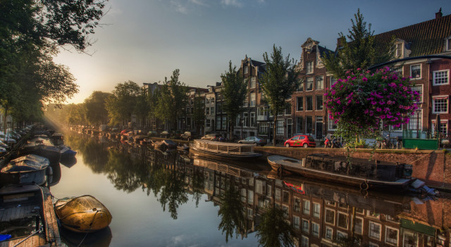 River boats houses cars parked free wallpaper - medium preview image