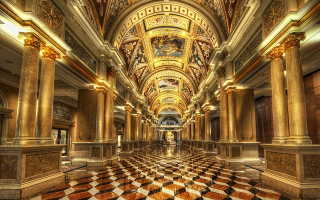 Neoclassical hall checkered floor gold free wallpaper for desktop - medium preview image