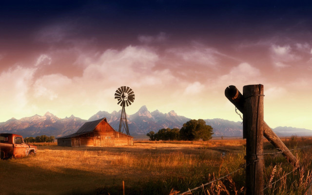 Farm barn windmill cloudy sky free wallpaper - medium preview image