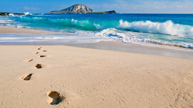 Beach wave footprints sand water free wallpaper - medium preview image