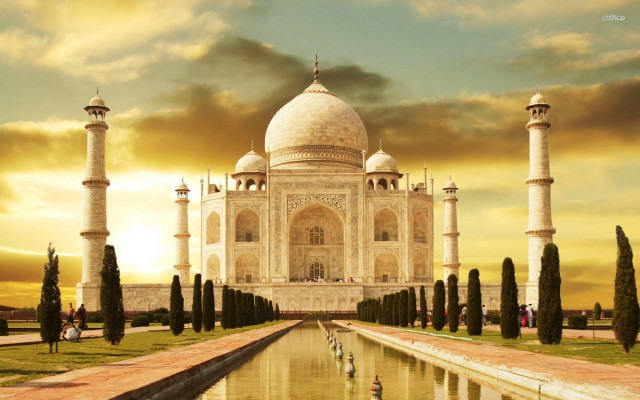 White building fountain trees sunset #2 free wallpaper - medium preview image