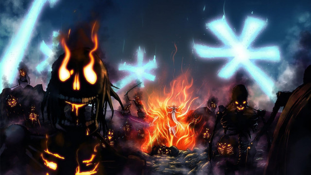 People firepit glowing pumpkins gathered free wallpaper - medium preview image