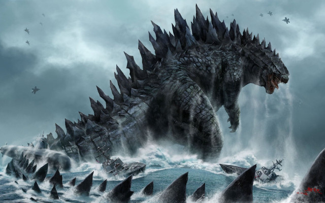 Godzilla sharks ocean boat water #2 free wallpaper - medium preview image