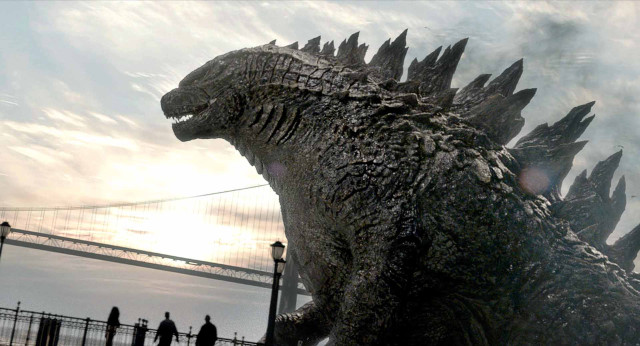 Godzilla statue bridge people walking free wallpaper - medium preview image