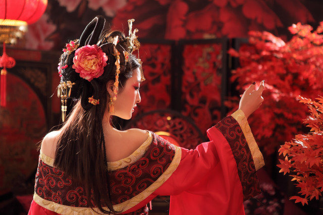 Woman red dress flower lantern free wallpaper - medium preview image