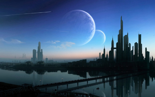 Futuristic city large moon distant free wallpaper - medium preview image