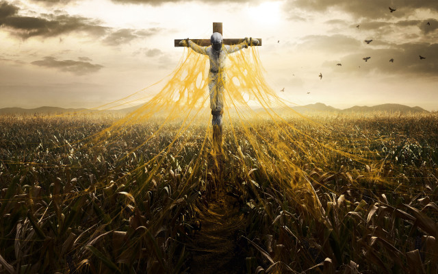 Cross field birds flying clouds free wallpaper - medium preview image