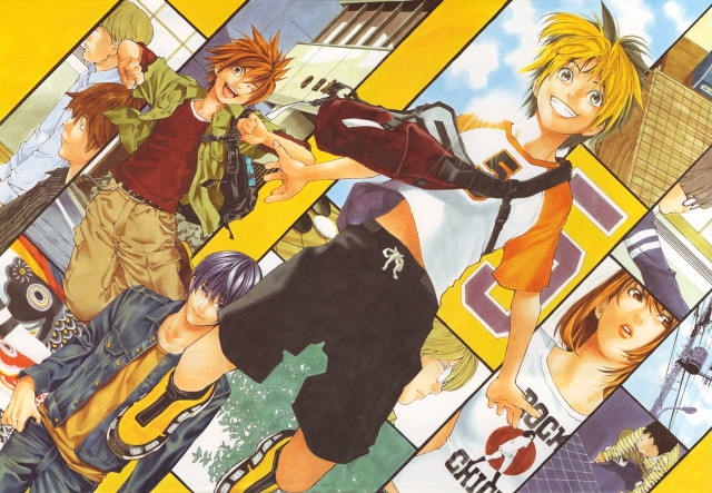 Anime characters yellow background image free wallpaper for desktop - medium preview image