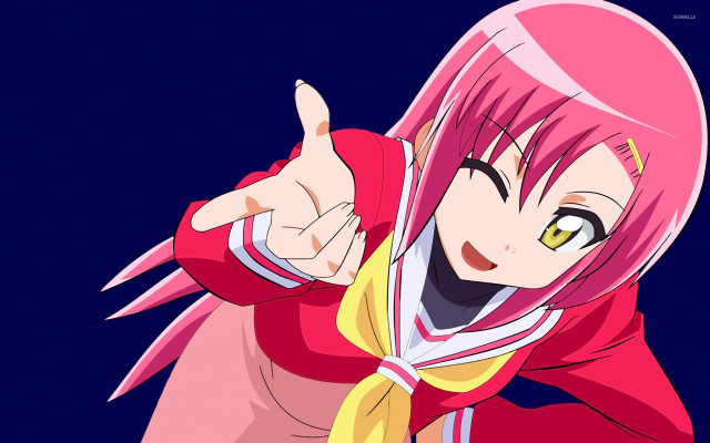 Woman pink hair pointing smiling free wallpaper - medium preview image