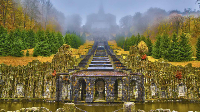 Stone bridge trees bushes foggy free wallpaper - medium preview image