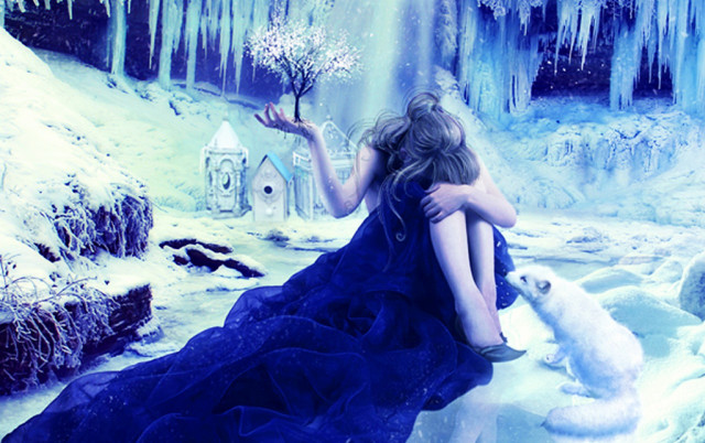 Woman blue dress sitting rock free wallpaper - medium preview image