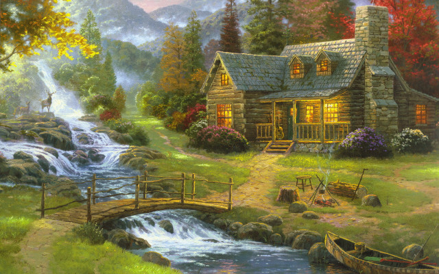 Cabin stream boat man bridge free wallpaper - medium preview image