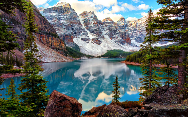 Mountain lake forest snowy mountains free wallpaper - medium preview image