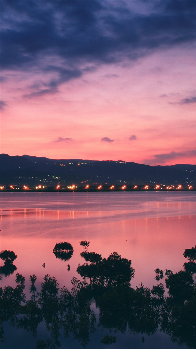Lake trees night lights water free wallpaper - medium preview image