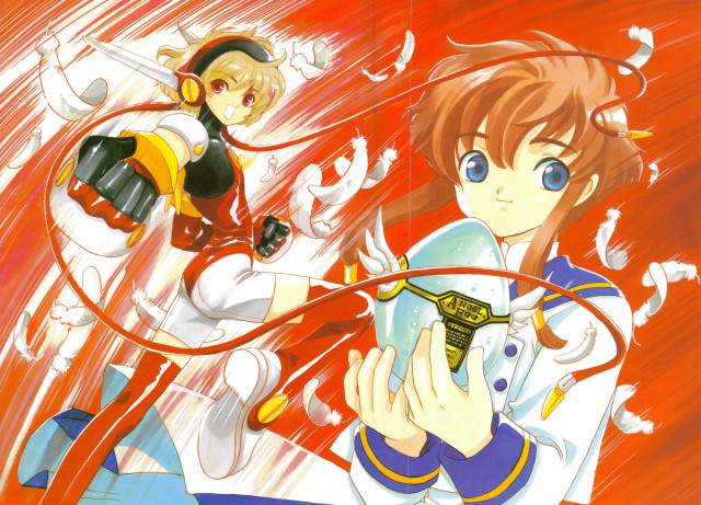 Anime couple flying red background free wallpaper - medium preview image