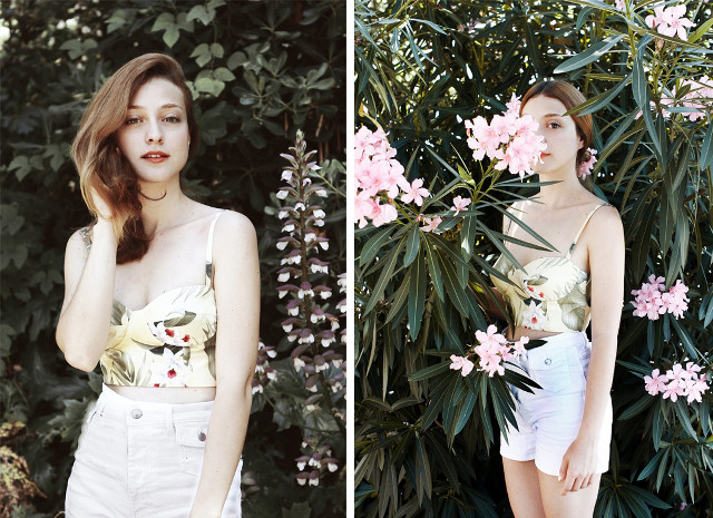 Woman standing bush pink flowers free wallpaper - medium preview image