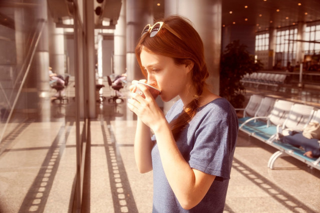 Woman drinking cup lobby pigeon free wallpaper - medium preview image